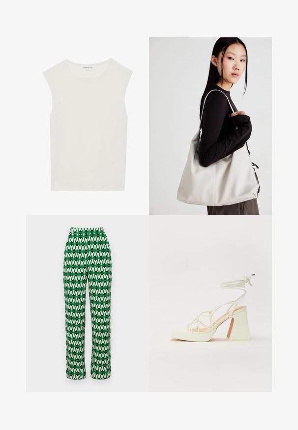 Hvit ermeløs topp med rund hals. Laget av glatt stoff, har den en avslappet passform og minimalistisk design. Ingen mønstre eller detaljer.; Grønne og kremfargede vide bukser med et gjentakende geometrisk bladmønster i svart. Laget av et lett stoff med en jevn tekstur.; Hvit høyhælte sandal med kraftig hæl, med en stroppe-design og ankelbånd. Glatt tekstur med plattform foran for ekstra høyde.; Beige håndveske laget av mykt materiale, med en slapp design, sydd detaljer og to skulderstropper. Passer for daglig bruk.