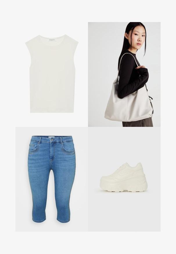 Λευκή αμάνικη μπλούζα με στρογγυλή λαιμόκοψη. Φτιαγμένη από απαλό ύφασμα, διαθέτει χαλαρή εφαρμογή και μινιμαλιστικό σχέδιο. Χωρίς μοτίβα ή αξεσουάρ.; Ανοιχτόχρωμο τζιν καπιρί με στενή εφαρμογή, πέντε τσέπες και διακοσμητικές ραφές σε τόνους, που καταλήγει λίγο κάτω από το γόνατο.; Λευκά αθλητικά παπούτσια με πλατφόρμα, διαθέτουν λείο επάνω μέρος που μοιάζει με δέρμα, στρογγυλή σιλουέτα, επενδυμένο κολάρο και υφασμένο καουτσούκ σόλα με καθορισμένα μοτίβα.; Μπεζ τσάντα χειρός από μαλακό υλικό, με χαλαρή σχεδίαση, ραφές και δύο λουράκια ώμου. Κατάλληλη για καθημερινή χρήση.