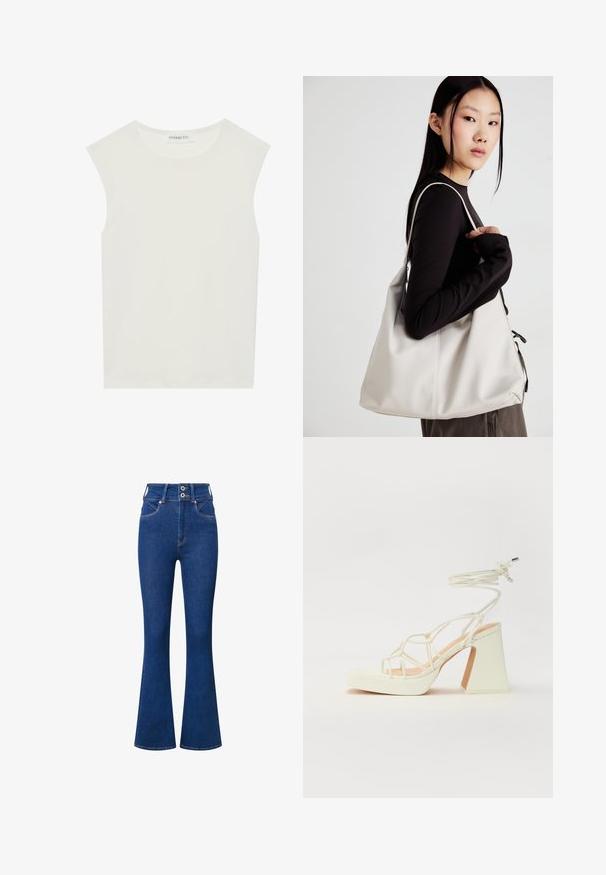 Top blanco sin mangas con escote redondo. Hecho de una tela suave, presenta un corte relajado y un diseño minimalista. Sin patrones ni acentos.; Jeans acampanados de tiro alto en denim azul oscuro. Presenta un cierre de dos botones, bolsillos delanteros y detalles de costura sutil a lo largo de las costuras.; Sandalia de tacón alto blanca con un tacón grueso, que presenta un diseño de tiras y un lazo en el tobillo. Textura suave con una plataforma en la parte delantera para mayor altura.; Bolso de mano beige hecho de material suave, con un diseño holgado, detalles cosidos y dos asas. Adecuado para uso diario.
