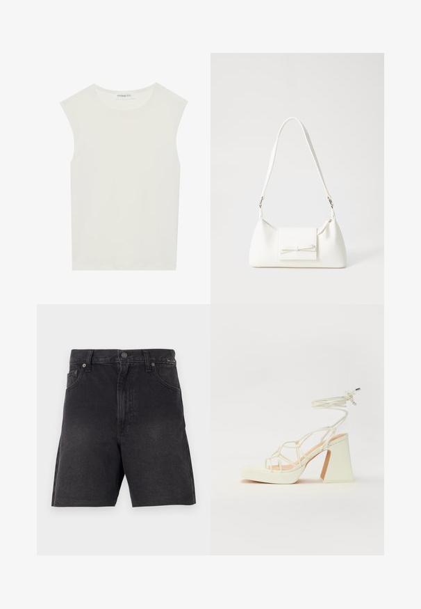 Fehér ujjatlan felső, kerek nyakkivágással. Simább anyagból készült, laza fazonnal és minimalista kialakítással rendelkezik. Nincsenek minták vagy díszítések.; Fekete farmer rövidnadrág egyenes szabással, gombzárral, elülső zsebekkel és strukturált anyaggal. Minimalista dizájn, látható minták nélkül.; Fehér, magassarkú szandál vastag sarokkal, pántos dizájnnal és bokapánttal. Sima textúra, elülső platformmal a megnövelt magasság érdekében.; Fehér szintetikus kézitáska, háromszög alakú, lapos előlap, masni részlettel, állítható pánttal, sima textúrával és minimalista dizájnnal.