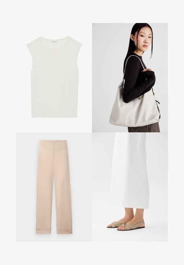 White sleeveless top with a round neckline. Made of smooth fabric, it features a relaxed fit and minimalist design. No patterns or accents.; Beige linen pants with a straight cut, featuring a smooth texture and folded hems. No visible pockets or embellishments.; Beige leather sandals with cross strap design and a black sole, featuring an open toe and slingback style. Set against a white background.; Beige handbag made of soft material, featuring a slouchy design, stitched detailing, and two shoulder straps. Suitable for everyday use.
