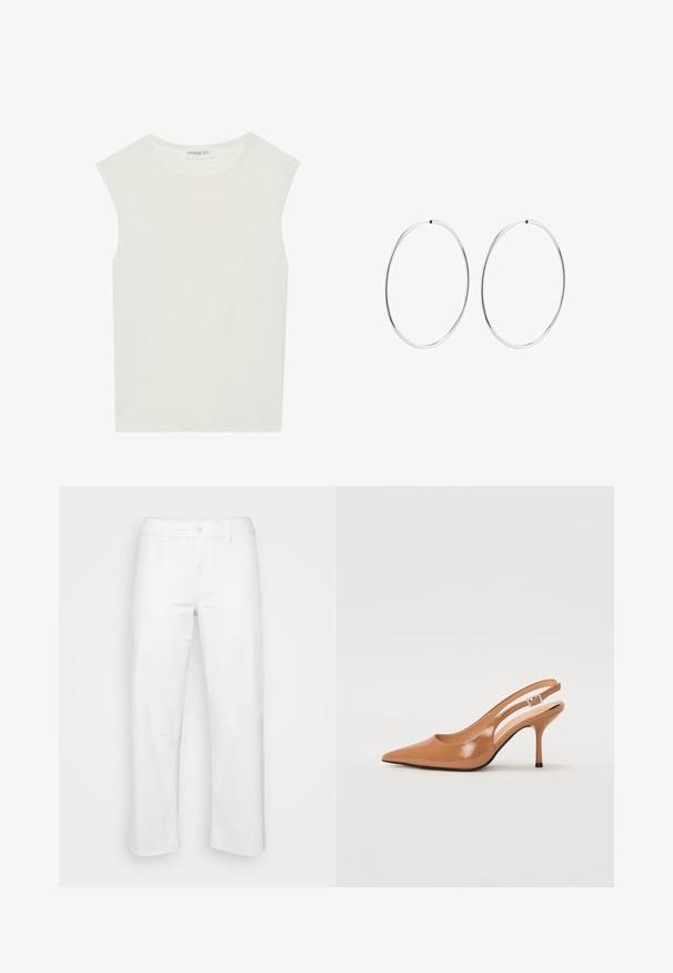 Hvid ærmeløs top med rund halsudskæring. Lavet af glat stof, har den en afslappet pasform og minimalistisk design. Ingen mønstre eller accenter.; Hvide bomuldsbukser med lige ben-design, der har en frontknaplukning, bæltestropper og diskrete syninger.; Spids tå slingback hæl i et glat, blankt tan materiale. Har et buet udskæring design og en slank stiletto hæl. Sølv spænde detalje.; Sølvøreringe med en glat, rund design og en poleret overflade. De er tynde og lette, og har en simpel lås.