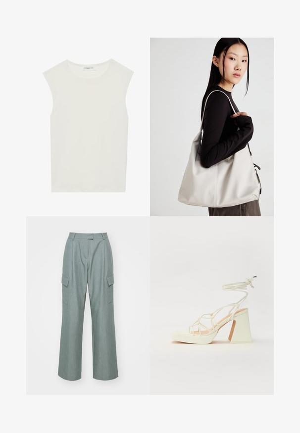 Witte mouwloze top met een ronde halslijn. Gemaakt van gladde stof, het heeft een losse pasvorm en een minimalistisch ontwerp. Geen patronen of accenten.; Lichtgroene wijde cargobroek heeft twee zijzakken, een vlakke voorkant en een gladde textuur, ontworpen voor een relaxte pasvorm.; Witte hoge hakken sandaal met een chunky hak, met een bandjesontwerp en enkelband. Gladde textuur met een plateau voor extra hoogte.; Beige handtas gemaakt van zacht materiaal, met een slonzig ontwerp, gestikte details en twee schouderbanden. Geschikt voor dagelijks gebruik.