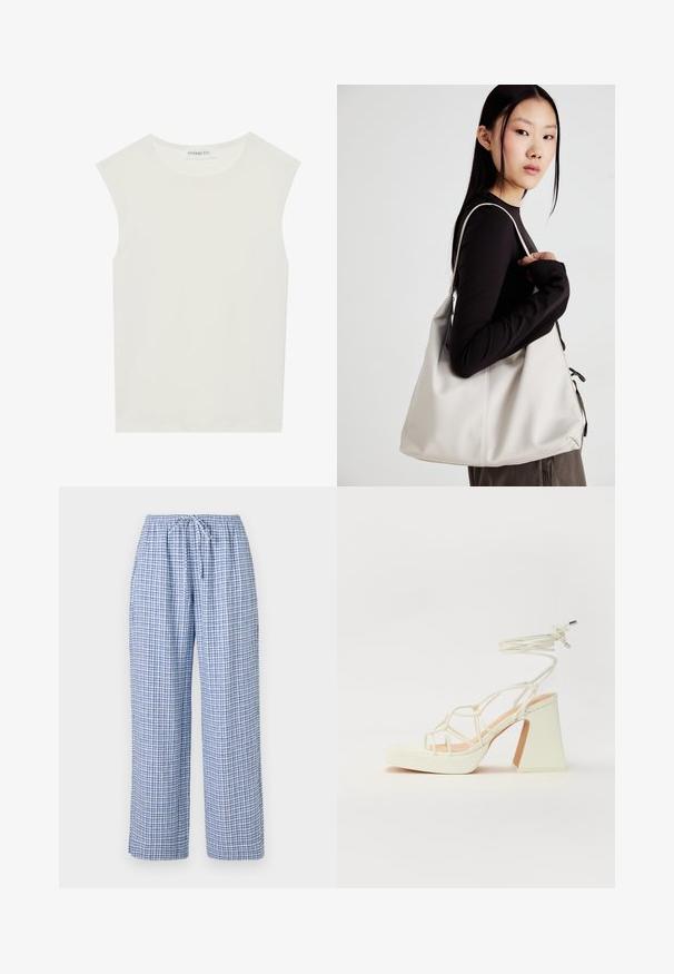 Bijela majica bez rukava s okruglim izrezom. Izrađena je od glatkog materijala, nudi opušteni kroj i minimalistički dizajn. Bez uzoraka ili ukrasa.; Plave karirane pidžame s elastičnom trakom i vezicom. Labav kroj s mekanom teksturom tkanine. Nema vidljivih džepova.; Bijela sandala na visokoj potpetici s debelim petom, s remenom i vezanjem oko gležnja. Glatka tekstura s platformom sprijeda za dodatnu visinu.; Bežna torba od mekog materijala s opuštenim dizajnom, šivanim detaljima i dva remena za rame. Pogodna za svakodnevnu upotrebu.