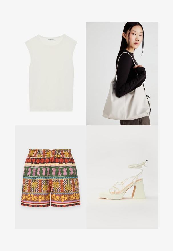 Bijela majica bez rukava s okruglim izrezom. Izrađena je od glatkog materijala, nudi opušteni kroj i minimalistički dizajn. Bez uzoraka ili ukrasa.; Šorts s više uzoraka, koji sadrže kombinaciju živahnih boja uključujući crvenu, žutu, zelenu i ružičastu, s elastičnom trakicom u struku i raznolikim tropskim motivima.; Bijela sandala na visokoj potpetici s debelim petom, s remenom i vezanjem oko gležnja. Glatka tekstura s platformom sprijeda za dodatnu visinu.; Bežna torba od mekog materijala s opuštenim dizajnom, šivanim detaljima i dva remena za rame. Pogodna za svakodnevnu upotrebu.