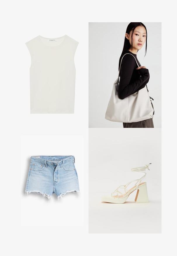 Top blanco sin mangas con escote redondo. Hecho de una tela suave, presenta un corte relajado y un diseño minimalista. Sin patrones ni acentos.; Pantalones cortos de mezclilla azul claro con cintura alta, dobladillo deshilachado, diseño de cinco bolsillos y costuras en contraste. Dos botones en el cierre frontal.; Sandalia de tacón alto blanca con un tacón grueso, que presenta un diseño de tiras y un lazo en el tobillo. Textura suave con una plataforma en la parte delantera para mayor altura.; Bolso de mano beige hecho de material suave, con un diseño holgado, detalles cosidos y dos asas. Adecuado para uso diario.
