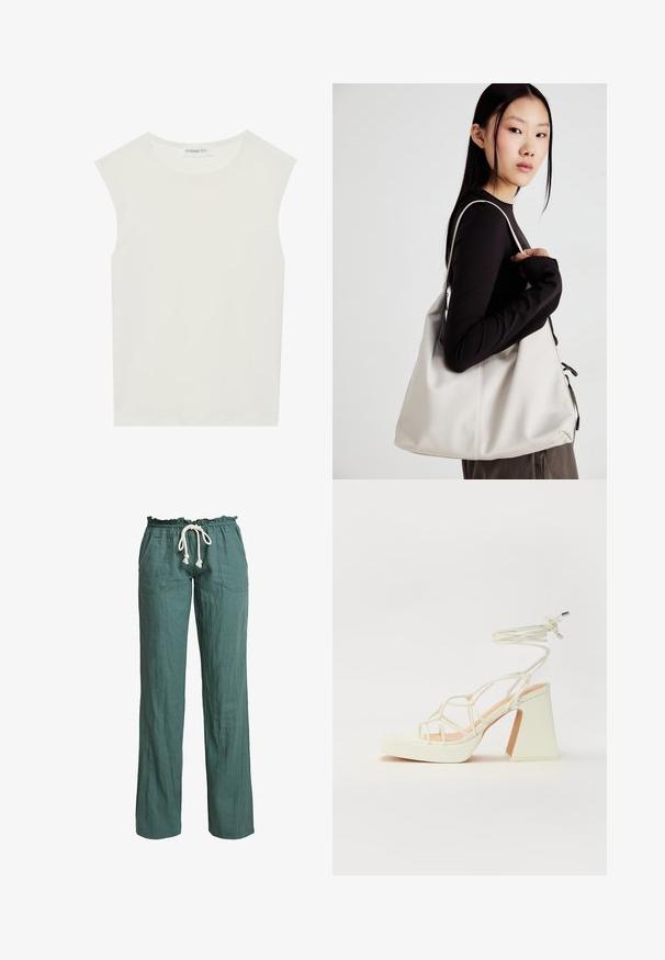Haut sans manches blanc avec un col rond. Fabriqué en tissu lisse, il présente une coupe décontractée et un design minimaliste. Pas de motifs ni d'accents.; Pantalons en lin léger et vert avec une coupe décontractée, une taille élastique et un cordon de serrage, comportant deux poches latérales.; Sandale blanche à talons hauts avec un talon épais, présentant un design à lanières et un lien autour de la cheville. Texture lisse avec une plateforme à l'avant pour une hauteur supplémentaire.; Sac à main beige en matériau souple, avec un design décontracté, des détails cousus et deux poignées. Idéal pour un usage quotidien.