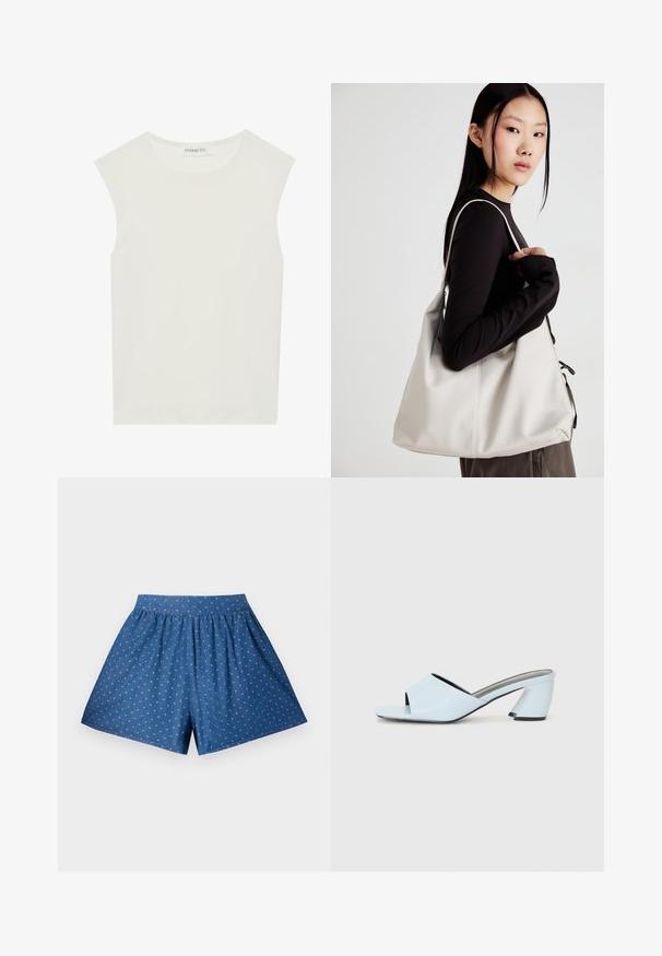 Bijela majica bez rukava s okruglim izrezom. Izrađena je od glatkog materijala, nudi opušteni kroj i minimalistički dizajn. Bez uzoraka ili ukrasa.; Plave traperice šortse s elastičnim pojasom i bijelim točkicama. Imaju opušteni kroj i dužinu do koljena. Glatka tekstura.; Svijetloplave sandale na visoku petu s otvorenim prstima, s geometrijskim dizajnom, koje imaju široku traku preko stopala i debelu, kutnu petu.; Bežna torba od mekog materijala s opuštenim dizajnom, šivanim detaljima i dva remena za rame. Pogodna za svakodnevnu upotrebu.