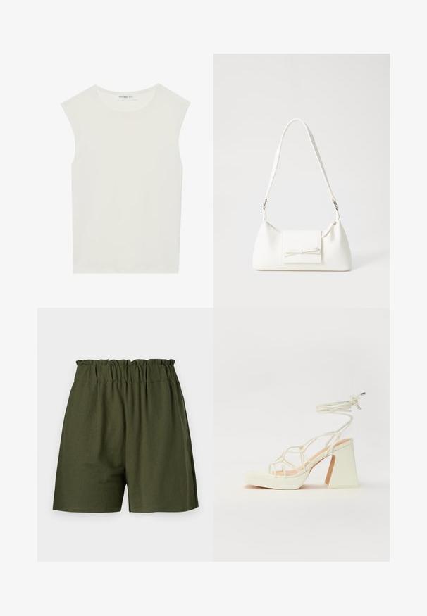 White sleeveless top with a round neckline. Made of smooth fabric, it features a relaxed fit and minimalist design. No patterns or accents.; Dark green, elastic waistband shorts with a relaxed fit and no pockets. Made of soft, lightweight fabric.; White high-heeled sandal with a chunky heel, featuring a strappy design and ankle tie. Smooth texture with a platform front for added height.; White synthetic handbag with a triangular shape, flat front flap and bow detail, adjustable strap, smooth texture, and minimalistic design.