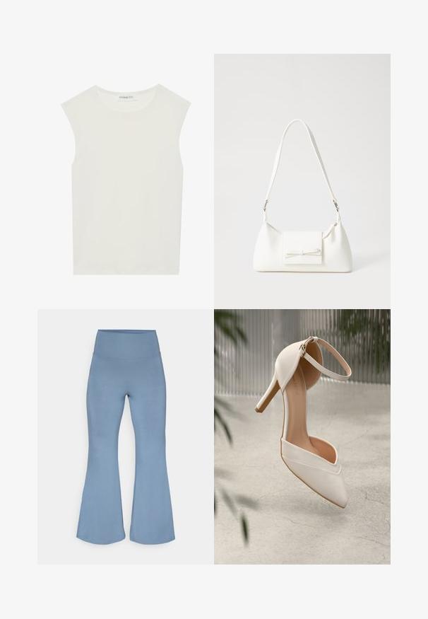 Biely bezrukávový top s okrúhlym výstrihom. Vyrobený z hladkého materiálu, má uvoľnený strih a minimalistický dizajn. Žiadne vzory alebo akcenty.; Uvoľnené jogové nohavice svetlomodrej farby, vyrobené z elastického materiálu. Vysoký pás a hladká textúra, s širšími okrajmi pri členkoch.; Biele vysoké lodičky z hladkého materiálu s špicatou špičkou a členkovým remienkom. Majú svetlohnedý interiér a akcenty v zlatej farbe.; Biela syntetická kabelka s trojuholníkovým tvarom, plochým predným klapkou a detailom mašle, nastaviteľným popruhom, hladkou textúrou a minimalistickým dizajnom.