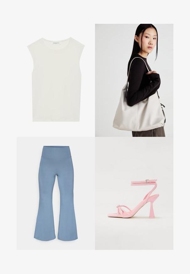 Valge ilma varrukateta topp ümmarguse kaelusega. Valmistatud siledast kangast, sellel on mugav lõige ja minimalistlik disain. Ei ole mustreid ega aksessuaare.; Heledad jooga püksid helesinisest venivast kangast. Kõrge vöökoht ja sile tekstuur, mis kitsenevad pahkluude juures laiadele ääred.; Roosa kontsadega sandaalid, millel on rihmadega disain ja sääreluu nii. Eemaldatav element varvaste juures ja kaasaegne kitsenev kontsade disain.; Bež käekott pehme materjali, millel on lõtv disain, õmblustega detailid ja kaks õlarihma. Sobib igapäevaseks kasutamiseks.