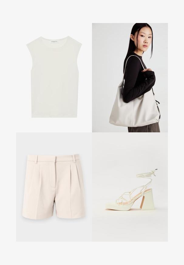 Balta be rankovių palaidinė su apvaliu kaklu. Pagaminta iš lygios medžiagos, ji turi laisvą siluetą ir minimalistinį dizainą. Be raštų ar akcentų.; Šviesiai rudos spalvos pritaikyti šortai su raukšlėmis, šoninėmis kišenėmis ir tiesiu siluetu. Pagaminti iš lengvos medžiagos, užtikrinančios sklandžią tekstūrą.; Balti aukštakulniai sandalai su masyviu kulnu, su dirželių dizainu ir kulkšnies raiščiu. Lygi tekstūra su platforma priekyje, suteikianti papildomą aukštį.; Bežinė rankinė, pagaminta iš minkštos medžiagos, turinti laisvą dizainą, siuvinėtas detalės ir dvi petnešos. Tinkama kasdieniam naudojimui.