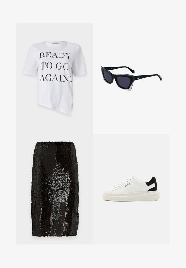 Tricou alb cu mâneci scurte, având imprimeu negru pe care scrie "READY TO GO AGAIN!" și o grafică cu un avion în dreapta jos.; Fustă creion neagră cu sequins, cu un design ajustat. Dispune de sequins dens și reflexivi, creând o suprafață texturată. Captuseala interioară este netedă.; Adidași din piele albă cu o talpă groasă albă, accent de călcâi din suede negru și logo embosat pe lateral. Design cu șireturi și șase orificii.; Ochelari de soare supradimensionați, negri, cu o formă geometrică, având lentile întunecate și un detaliu gri contrastant pe ramă. Logo pe braț.