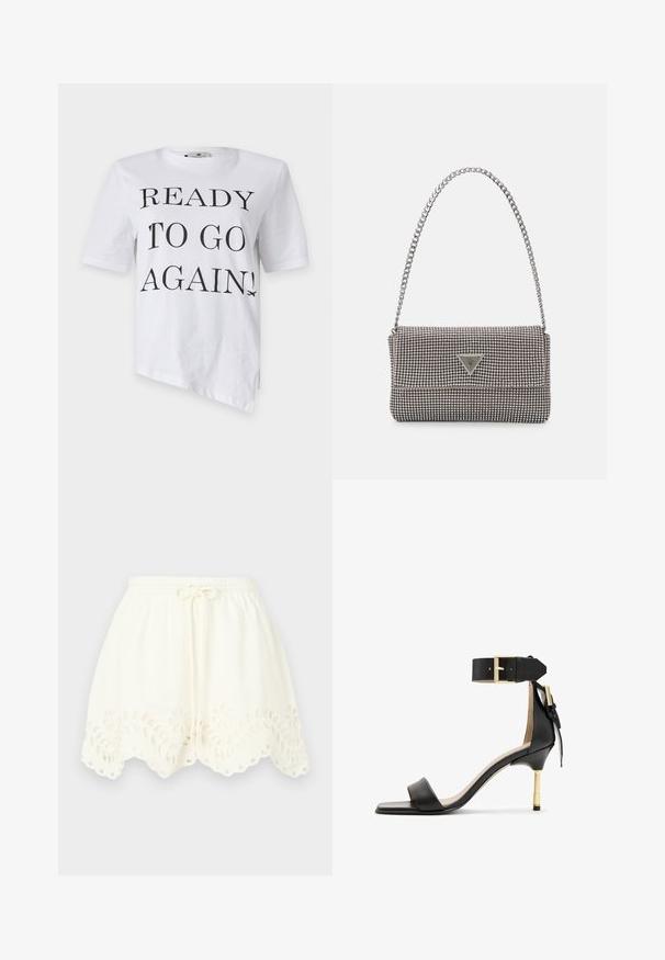 Biele tričko s krátkymi rukávmi, na ktorom je čierny potlač s nápisom "PRIPRAVENÝ ZNOVU VYRAZIŤ!" a grafika lietadla v dolnom pravom rohu.; Biele bavlnené šortky s elastickým pásom a šnúrkou, zdobené kvetinovou výšivkou a volánovým lemom s výrezmi.; Čierne kožené sandále na podpätku so štvorcovou špičkou, remienkom okolo členka s zlatou sponou a štíhlym kovovým podpätkom. Hladká textúra, minimalistický dizajn.; Svetlošedá metalická kabelka s reťazovým popruhom, ozdobená malými kruhovými kovovými štítkami a trojuholníkovým logom značky.; Strieborné kruhové náušnice s hladkým a lesklým povrchom. Okrúhly tvar, ľahký dizajn, s uzáverom na kolík.