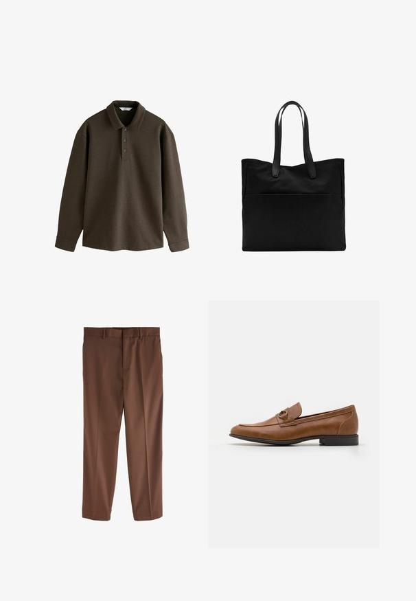 Braunes Langarm-Polohemd mit Kragen, Dreiknopf-Leiste und gerippten Bündchen. Hergestellt aus weichem Stoff mit glatter Textur.; Braune maßgeschneiderte Hosen mit glatter Textur, geradem Bein, Gürtelschlaufen und einem einzelnen vorderen Falten. Keine sichtbaren Taschen oder Akzente.; Braune Lederloafers mit flachem Absatz, die eine dekorative Metallakzentuiert auf der Vorderseite, ein elegantes Design und eine glatte Textur aufweisen.; Schwarze Tragetasche mit zwei langen Griffen, hergestellt aus glattem Stoff. Verfügt über eine Fronttasche und ein minimalistisches Design. Keine sichtbaren Beschläge oder Muster.