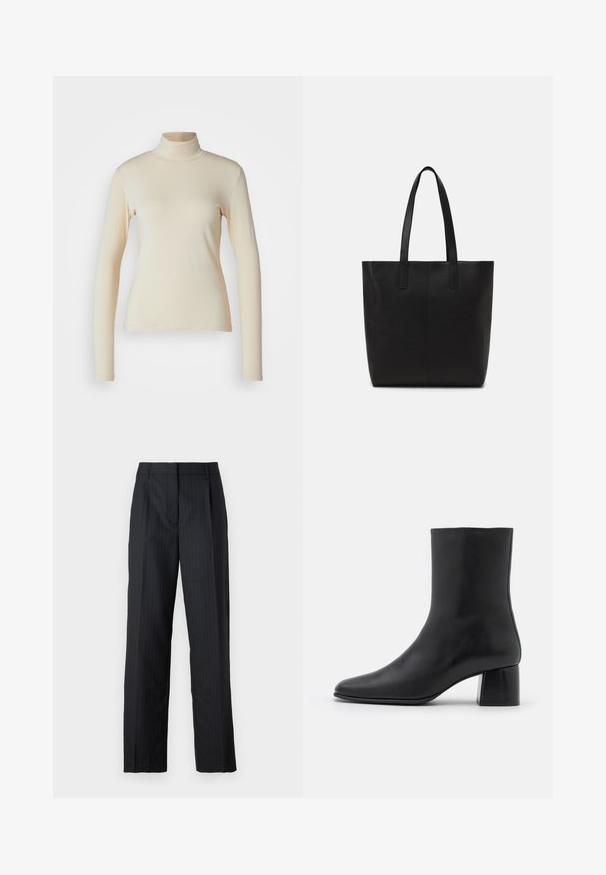 Kremasti dugi rukav turtleneck majica napravljena od glatkog, rastezljivog materijala; uski dizajn s visokim okovratnikom i bez vidljivih uzoraka ili naglasaka.; Črne hlače krojene po meri z prugastim vzorcem, s ravnim krojem, zlikanimi gubami in tradicionalnim pasom. Gladka tekstura tkanine.; Crne kožne gležnjače s šiljastim vrhom i širokim kvadratnim potpeticom. Glatka tekstura s bešavnim dizajnom i minimalističkim šavovima.; Crna torba za nošenje od teksturiranog materijala, s dva dugačka remena i jednostavnim, minimalističkim dizajnom bez vidljivog hardvera.