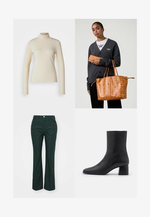 Crème-kleurige lange mouwen coltrui gemaakt van glad, rekbaar materiaal; aansluitend ontwerp met een hoge hals en zonder zichtbare patronen of accenten.; Groene, uitlopende broeken gemaakt van een gladde, gestructureerde stof. Voorzien van een sluiting met een knoop aan de voorkant, ceintuurlussen en twee zijzakken.; Zwarte leren enkelboot met een spitse neus en een chunky vierkante hak. Glad oppervlak met een naadloos ontwerp en minimalistische stiksels.; Vrouw in een donkergrijze cardigan en witte shirt, met een lichtbruine leren tote bag en bijpassende portemonnee met logo-print.