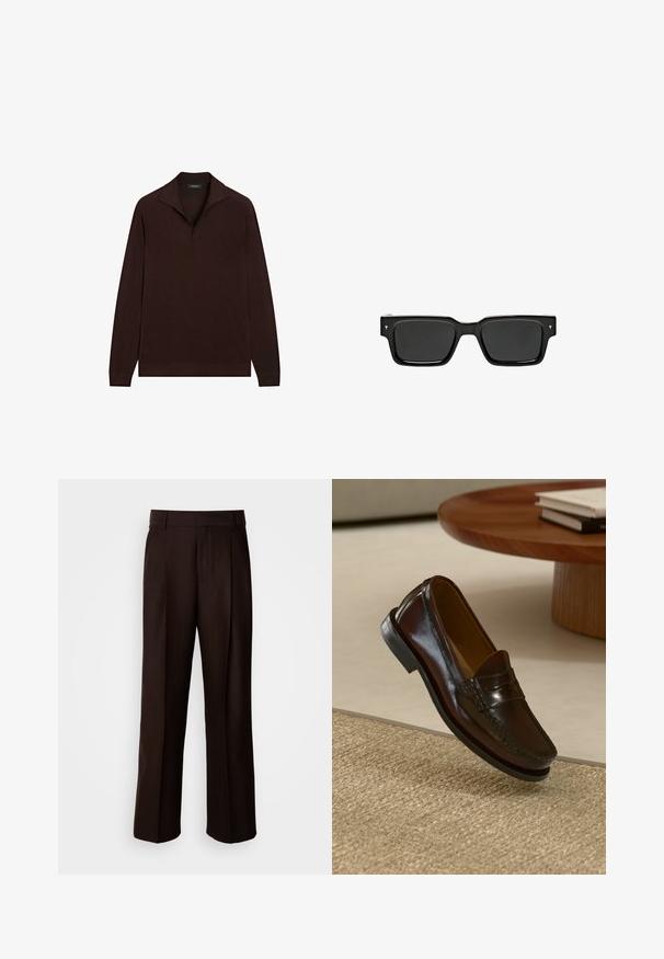 Bruine, lange mouwen pullover met een brede, open kraag en geribbelde zoom. Gemaakt van zachte stof, met een eenvoudige uitstraling zonder patronen.; Bruine op maat gemaakte broeken met een recht design, voorzien van een voorplooien, een gladde textuur en een klassieke tailleband. Geschikt voor formele gelegenheden.; Bruine leren instappers met een glanzende afwerking, voorzien van een gestikt detail aan de voorkant en een low-profile zwarte rubberen zool.; Zwarte rechthoekige zonnebril met donkere glazen, glanzend plastic montuur en kleine handtekeningaccenten op de pootjes. Platte profiel en scherpe hoeken.