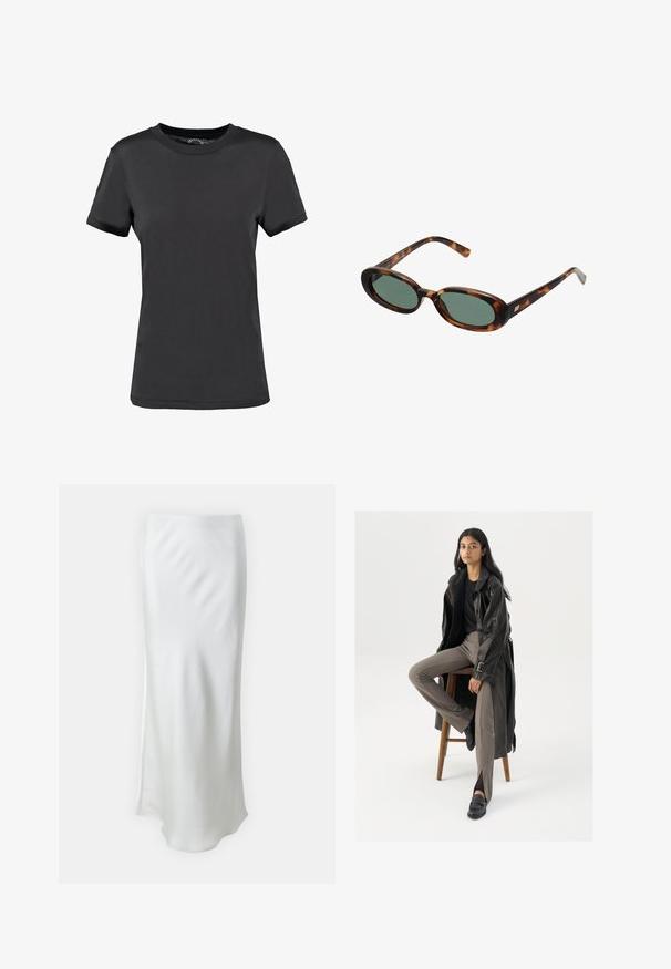 Melns īsām piedurknēm T-krekls, izgatavots no gludas auduma. Tam ir apaļa kakla izgriezums bez redzamām rakstainām vai akcentu detaļām, piedāvājot vienkāršu dizainu.; Samsøe Samsøe AGNETA SKIRT - A-silueta svārki - solitary star; Melnas ādas tranšejas mētelis ar pogām un jostu, apvienots ar gaiši brūnām pieguļošām biksēm un melnā krāsā loafers, sēžot uz koka krēsla.; Bruņurupuča apvalka saulesbrilles ar ovālām rāmēm un zaļiem stikliem. Rāmjiem ir plānas kājas ar metāla akcentu tuvu eņģēm.