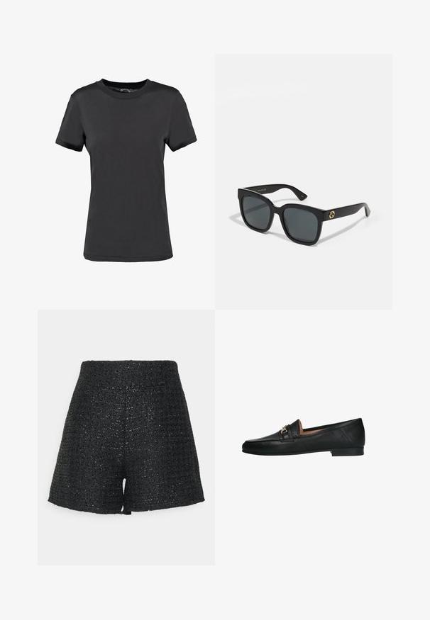 T-shirt nera a maniche corte realizzata in tessuto morbido. Presenta un collo rotondo senza motivi o accenti visibili, offrendo un design semplice.; Shorts neri intrecciati con una finitura testurizzata e una leggera lucentezza. Presentano una vita alta e una forma ad A ben definita.; Manfield Scarpe senza lacci - schwarz; Occhiali da sole neri con lenti rettangolari, caratterizzati da una finitura lucida e dettagli in oro sulle aste. Lenti grigie scure offrono protezione UV.