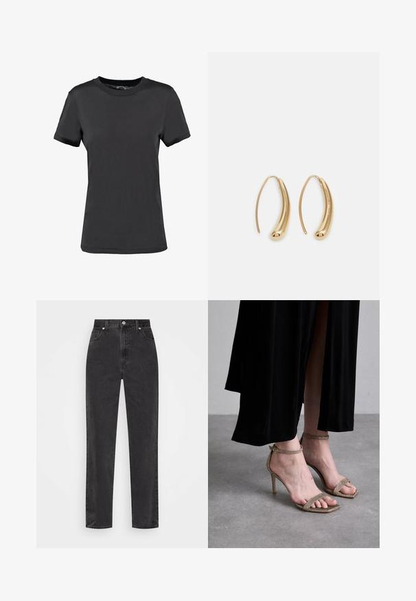 Črna majica s kratkimi rokavi, izdelana iz gladkega materiala. Ima okrogel izrez brez vidnih vzorcev ali naglasov, kar ponuja preprosto zasnovo.; Črne denim hlače s ravnimi nogami in visokim pasom, sprednjim gumbom in zadrgo ter petimi žepi na belem ozadju.; Stuart Weitzman NUNAKEDCURVE - Sandali z visoko peto - adobe; Zlato-tonirani kovinski uhani v obliki obroča s krivuljo in podolgovato obliko. Imajo gladko, sijočo površino in zaobljen vrh za dodaten detajl.