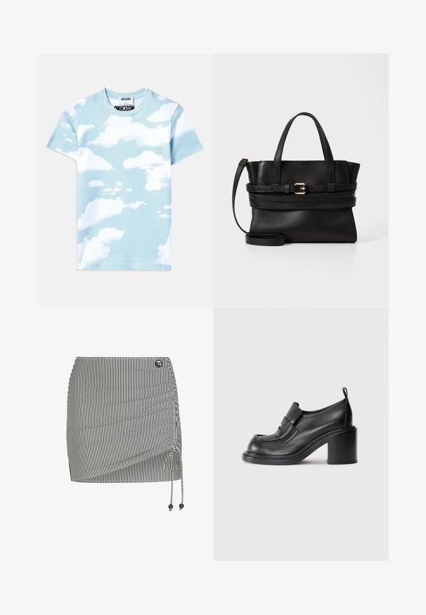Lichtblauw katoenen t-shirt met een cloudprint ontwerp in verschillende tinten wit. Klassieke ronde hals en korte mouwen.; Zwart-witte gestreepte minirok met opgeraapte zijkant, verstelbare knoop en decoratieve kralen aan het einde van het trekkoord.; Zwarte leren hakken met een ronde neus, een opvallende band over de wreef en een chunky hakontwerp. Glad textuur met minimale stiksels.; Zwarte leren handtas met gestructureerd ontwerp, dubbele handvatten bovenaan, afneembare schouderband en gouden gespaccent op een horizontale band.