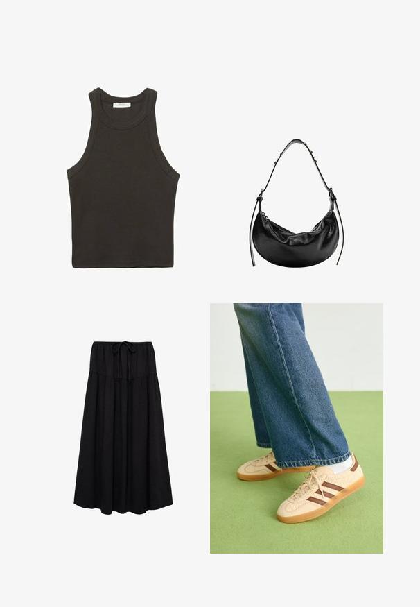Dunkelgraues, ärmelloses Tanktop aus einem Baumwoll-Mix, mit Rundhalskragen und sauberen Kanten. Keine sichtbaren Muster oder Akzente.; Schwarzer Midirock mit elastischem Bund und Kordelzug. Hergestellt aus leichtem Stoff mit strukturierter Oberfläche und fließender Form.; Beige Sneakers mit strukturierten cremefarbenen Paneelen und braunen Streifen, kombiniert mit blauen Jeans. Die Jeans haben einen weiten Beinschnitt und einen fransigen Saum.; Schwarze Leder-Handtasche mit einer Halbmondform, glatter Oberfläche und verstellbarem Tragegurt, mit subtilen Hardware-Details. Sichtbarer Reißverschluss.