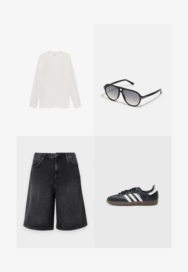 Vit långärmad t-shirt, tillverkad av mjukt tyg, rund halsringning, avslappnad passform, minimalistisk design, inga synliga logotyper eller mönster.; Svarta denimshorts med en bred, rak passform, med framknappstängning och fem fickor. Mjuk textur med en urblekt finish.; Svart syntetiskt överskottssneaker med vit tre-stripesdesign, texturerad greppsål och svarta snören. Lågklippt atletisk stil.; Svarta solglasögon med gradientlinser, rektangulär form, tunna svarta bågar och guld accenter på sidorna. Modern design och lätt vikt.