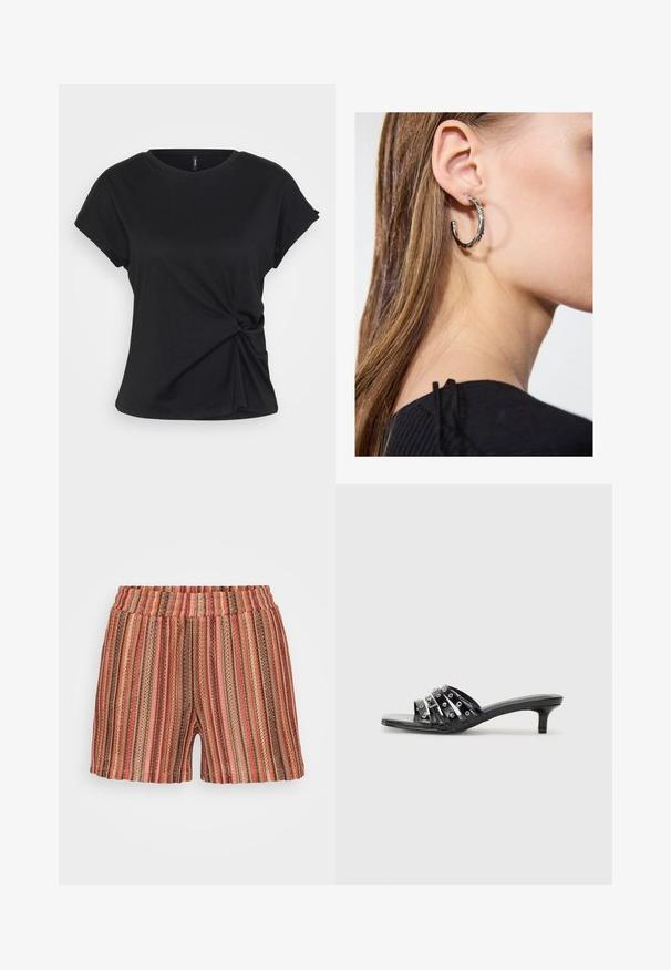 Černé bavlněné tričko s kulatým výstřihem, krátkými rukávy a zkrouceným uzlem v pase, s hladkou texturou.; Pruhované šortky s elastickým pasem, s vertikálními pruhy v červené, hnědé a zelené barvě. Vyrobené z lehkého, texturovaného materiálu.; Černé sandály na podpatku s více lesklými pásky a kovovými akcenty, se špičatou špičkou a skromným podpatkem. Hladký povrch.; Stříbrný kruhový náušník s lesklým povrchem, zdobený malými zlatými akcenty, v kulatém tvaru, nošený na lalůčku.