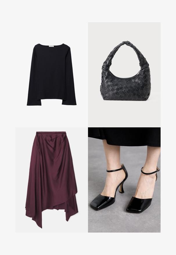 Černý dlouhý rukáv top vyrobený z měkké bavlny. Má široký výstřih, uvolněný střih a mírně rozšířené rukávy. Bez viditelných vzorů nebo kování.; Burgundy, saténová zavinovací sukně s asymetrickým lemem, se souměrným drapováním a hladkou texturou. Žádné viditelné zapínání ani vzory.; Souliers Martinez LAURA - Lodičky na vysokém podpatku - lajara cybil black; Černá kožená tkaná taška přes rameno s zaoblenou rukojetí a měsíčkovým tvarem na jednobarevném pozadí.