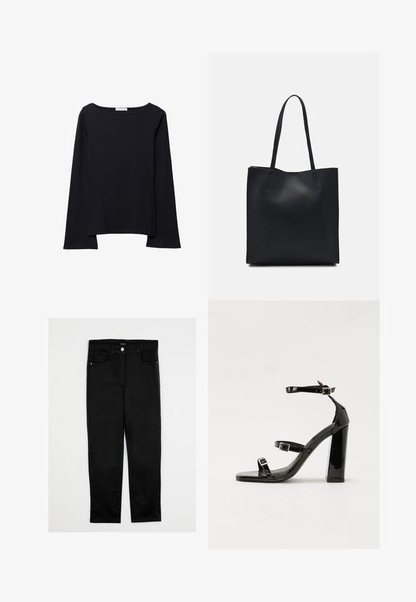 Musta pitkähihainen paita, joka on valmistettu pehmeästä puuvillasta. Siinä on leveä pääntie, rento istuvuus ja hieman levenevät hihat. Ei näkyviä kuvioita tai varusteita.; Mustat farkut suoran leikkauksen, keskikorkean vyötärön, viiden taskun ja etunappi kiinnityksen kanssa. Suzhouhdas rakenne, ei näkyviä kuvioita.; Musta kiiltävä korkokenkä sandaalit neliönmuotoisella varpaalla, nilkkaremmillä ja hopeisilla soljilla. Varustettu tukevalla lohkokorkealla vakauden takaamiseksi.; Mustapahkainen kangaskassi, jossa on sileä pinta, suorakaiteen muotoinen ja kaksi pitkää kahvaa. Ei näkyvää metalliosaa tai koristeita.