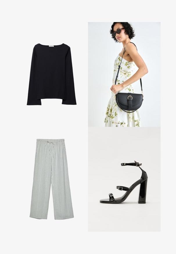 Sort langærmet top lavet af blød bomuld. Har en bred halsudskæring, afslappet pasform og let udvidede ærmer. Ingen synlige mønstre eller hardware.; Lettere, vide benbukser i et grønt og hvidt lodret stribet mønster. Har en elastisk talje med snorelukning.; Sorte patenterede hælsandaler med firkantet tå, ankelremme og sølvspænder. Har en chunky blokHæl for stabilitet.; Sort læderhåndtaske med en buet form, aftagelig rem og guldfinish. Tasken har en klap med en spænde detalje.
