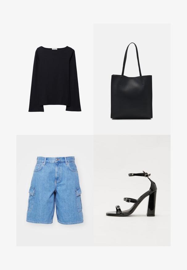 Musta pitkähihainen paita, joka on valmistettu pehmeästä puuvillasta. Siinä on leveä pääntie, rento istuvuus ja hieman levenevät hihat. Ei näkyviä kuvioita tai varusteita.; Vaaleansiniset farkkushortsit, joissa on kaksi sivutaskua, nappikiinnitys, vyölenkit ja rento istuvuus. Sileä kangas.; Musta kiiltävä korkokenkä sandaalit neliönmuotoisella varpaalla, nilkkaremmillä ja hopeisilla soljilla. Varustettu tukevalla lohkokorkealla vakauden takaamiseksi.; Mustapahkainen kangaskassi, jossa on sileä pinta, suorakaiteen muotoinen ja kaksi pitkää kahvaa. Ei näkyvää metalliosaa tai koristeita.