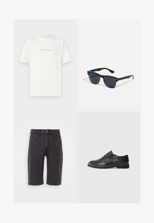 White cotton t-shirt with short sleeves and a crew neck. Centered text reads "WELCOME TO PARADISE" in a curved green font.; Black denim shorts with a straight cut, featuring a button and zipper closure, five pockets, and subtle stitching details.; Black leather slip-on shoe with a smooth upper, stitched accents, rounded toe, and a low rubber heel. Sole features minimal tread.; Black sunglasses with a rectangular shape, dark lenses, silver accents at the temples, and a matte finish on the frame.