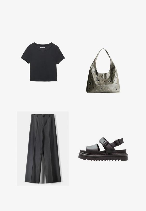 Zwarte cropped t-shirt gemaakt van ribbelstof. Heeft een ronde halslijn en korte mouwen. Eenvoudig ontwerp zonder patronen of accenten.; Wijde broek in donkergrijze stof, met een knoopsluiting, voorplooien en riemlussen. Gladde textuur met een op maat gemaakte uitstraling.; Zwarte leren sandalen hebben een brede teband, twee verstelbare gespbanden en een dikke, geribbelde platformzool voor stabiliteit.; Olijfgroene leren handtas met een slungelig ontwerp, voorzien van rondvormige uitsparingen van verschillende groottes en accenten in donkerdere en lichtere tinten.