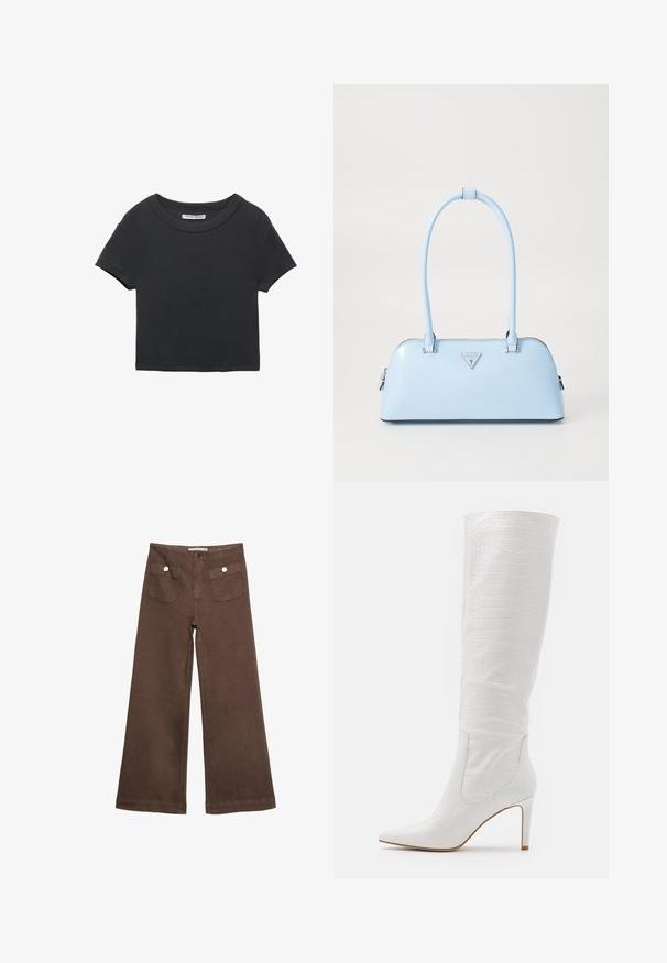 Sort cropped t-shirt lavet af ribbet stof. Har en rund halsudskæring og korte ærmer. Enkel design uden mønstre eller accenter.; Brune bredbenede bukser lavet af bomuld, med to forlommer med sølvknapper og en glat tekstur.; RAID TRIBUTE - Højhælede støvler - white; Lyseblå håndtaske med en struktureret form, glat lædermateriale, to hanke og et trekantet brandlogo på fronten. Lynlås lukning.