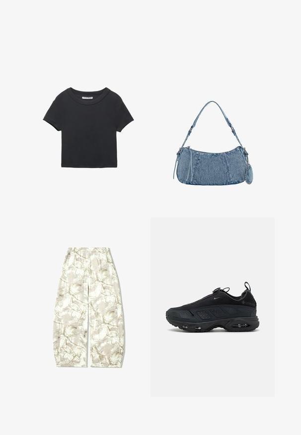 Črna skrajšana majica iz rebrastega materiala. Ima okroglo ovratnico in kratke rokave. Preprost dizajn brez vzorcev ali dodatkov.; Lahki, ohlapni hlače v kremni barvi z diskretnim zeleno-rjavim listnatim vzorcem. Imajo elastičen pas za udobje.; Črne teniske z strukturovanko zgornjega dela iz mrežaste tkanine, gumijastim podplatom in vidno zračno blaženjem. Imajo trakove in perforirane detajle za zračnost.; Denim torbica s zakrivljenim oblikom, svetlo modre barve, nastavljivim naramnicam in majhno odstranitveno torbico z metalnimi detajli.