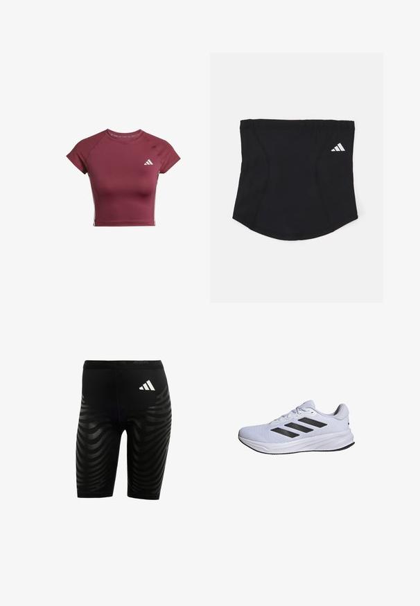 Bordeauxfarbener sportlicher Crop-Top aus glattem Stoff. Verfügt über kurze Ärmel und gerippte Details an den Schultern. Weißes Logo auf der Brust.; Schwarze sportliche Shorts mit einem strukturierten Design und wellenförmigen Streifen. Weißes Logo am Bund, aus feuchtigkeitsableitendem Material.; adidas Performance RESPONSE - Laufschuh Straße - cloud white core black cloud white; Schwarzes Sport-Stirnband mit glatter Textur, geschwungener Form und elastischem oberen Teil. Verfügt über ein kleines weißes Adidas-Logo an der Seite.