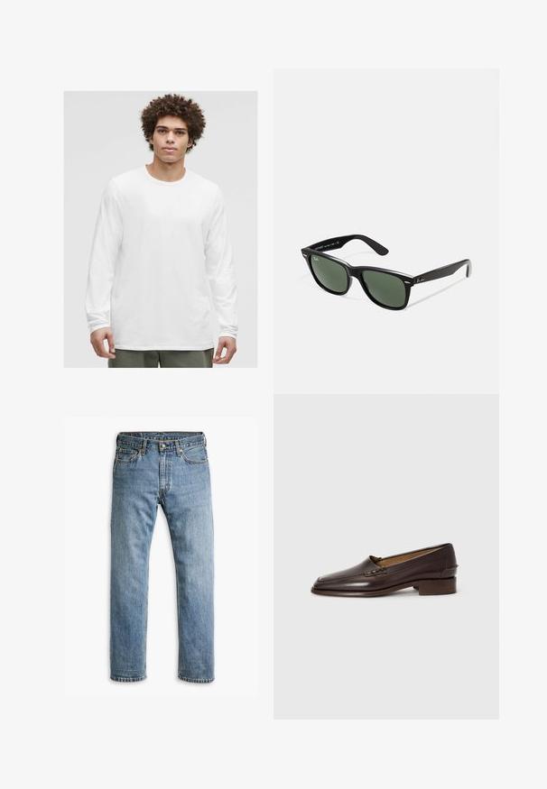 Tricou alb cu mâneci lungi, cu decolteu rotund, fabricat dintr-un material moale, cu o croială lejeră și fără logo-uri sau modele vizibile.; Jeans din denim albastre, cu picioare drepte, cinci buzunare, curea pentru brâu și închidere cu buton metalic, pe un fundal alb.; Loafers din piele maro, cu bot ușor ascuțit, tocul jos îngrămădit și cusături decorative pe suprafață. Textură netedă, design minimalist.; Ochelari de soare din plastic negru cu lentile verzi, rame pătrate, accent argintiu pe sprânceană și brațe texturate. Marca este menționată pe brațul interior.