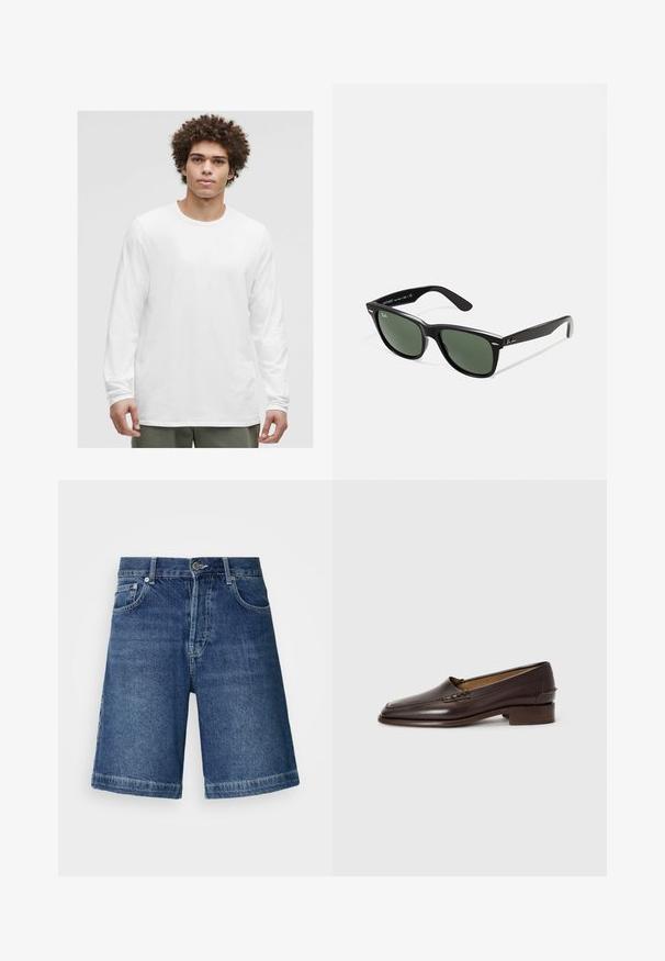 Bijela majica dugih rukava s okruglim izrezom, izrađena od mekanog materijala, s ležernim krojem i bez vidljivih logotipa ili uzoraka.; Traperice kratke hlače tamnoplave boje, s ravnim krojem, dizajnom od pet džepova i prošivenim rubom. Uključuju kopčanje s prednjim gumbom i zatvaračem.; Smeđe kožne loafersice s malo šiljastim vrhom, niskim složenim potpeticama i dekorativnim šavovima na gornjem dijelu. Glatka tekstura, minimalistički dizajn.; Crne plastične sunčane naočale s zelenim staklima, kvadratni okviri, srebrni naglasak na obrvi i teksturirane ručke. Naziv brenda naveden na unutrašnjoj strani ručke.