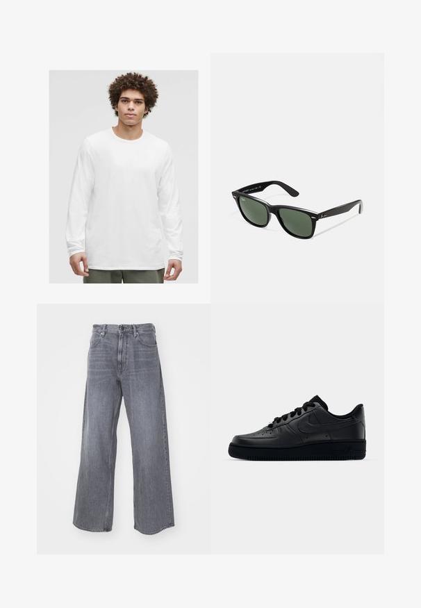Balta ilgomis rankovėmis marškinėliai su apvalia iškirpte, pagaminti iš minkštos medžiagos, pasižyminčios laisvu krinta ir be matomų logotipų ar raštų.; G-STAR TYPE - Laisvi džinsai - worn in rock; Juodi Nike Air Force 1 sportbačiai su lygia odine viršutine dalimi, perforuotu kepurėle kvėpuojamumui, juodomis raištelėmis ir tekstūruotu guminį padu.; Juodi plastikiniai saulės akiniai su žaliais objektyvais, kvadratiniais rėmeliais, sidabriniu akcentu ant antakio ir tekstūruotais šventyklų šakutėmis. Vidinėje šakutėje nurodyta prekės ženklo pavadinimas.