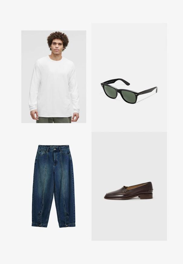Biela dlhá rukávová tričko s okrúhlym výstrihom, vyrobené z jemnej tkaniny, s voľným strihom a bez viditeľných log alebo vzorov.; Džínsy s klasickým modrým praním, vysokým pásom, voľným strihom, prednými a zadnými vreckami a zapínaním na gombík v oblasti pásu.; Hnedé kožené mokasíny s jemne špicatou špičkou, nízkym stohovaným podpätkom a dekoratívnym prešívaním na vrchnáku. Hladká textura, minimalistický dizajn.; Čierne plastové slnečné okuliare so zelenými šošovkami, štvorcové rámy, strieborný akcent na obočí a textúrované ramenné opierky. Brand uvedený na vnútornej strane ramien.