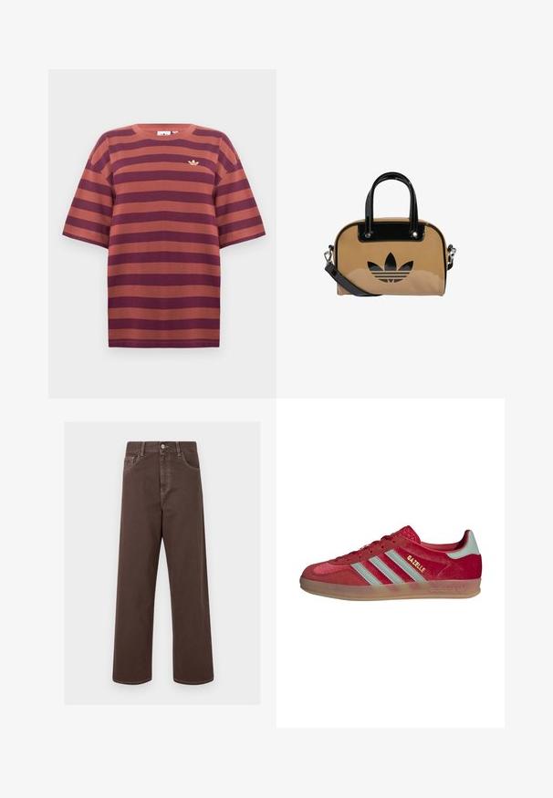 Tricou rayé mărón și rugină, cu mâneci scurte, decolteu rotund, având un mic logo auriu în zona stângă a pieptului, realizat din țesătură de bumbac.; Pantaloni din denim maro, cu croială largă, cusături contrastante, cinci buzunare și închidere cu un buton metalic. Textură netedă, croială dreaptă.; adidas Originals GAZELLE INDOOR - Sneakers low - better scarlet/hazy green; Geantă bej cu accente din piele lăcuită neagră, formă rotundă, două mânere și un logo negru embossat pe partea din față.