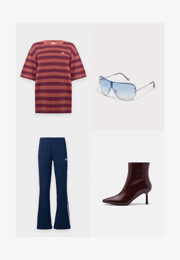 Maroon and rust striped t-shirt, short sleeves, round neckline, featuring a small gold logo on the left chest area, made of cotton fabric.; Navy blue ribbed flared track pants with white side stripes and an embroidered logo on the left side, featuring two side pockets.; Burgundy patent leather ankle boot with a pointed toe and a slim stiletto heel, featuring a smooth, glossy texture and minimalistic design.; Aviator sunglasses featuring a gradient blue lens, silver metal frame, and decorative star accents on the lens. Smooth and sleek design.