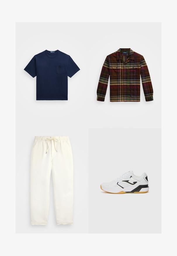 Námořnická modrá bavlněná tričko s kulatým výstřihem, krátkými rukávy a kapsou na levé straně hrudi. Hladký povrch a klasický střih.; Kostkovaná košile s dlouhým rukávem v tmavě hnědé barvě, s zelenými, fialovými a oranžovými pruhy, dvěma náprsními kapsami a límcem na knoflíky.; Světle krémové, volné kalhoty vyrobené z měkké látky. Mají elastický pás s tkaničkou a zúžený střih nohavic.; Bílé sportovní boty s černými akcenty, texturovaný síťovaný svršek, perforace pro prodyšnost, silná gumová podrážka a šněrovací design.