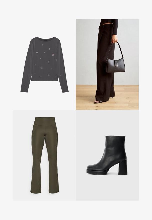 Pelēks garu piedurkņu krekls ar apaļu kakla izgriezumu, ar izkaisītām metāla detaļām un gludu tekstūru.; Olīvzaļi sporta bikses ar augstu jostasvietu, gludu tekstūru, plati izpletu kāju dizainu un nemanāmu logotipu kreisajā pusē. Iekļauj arī divas sānu kabatas.; Melna ādas potīšu zābaku ar bloku papēdi un platformas zoli, skatīts no sāna uz vienkārša balta fona.; Melnā somiņa ar strukturētu formu, gludu tekstūru un metālu sprādzi. Saskaņota ar platām melnām biksēm un sandālēm ar atvērtu purngalu uz koka grīdas.