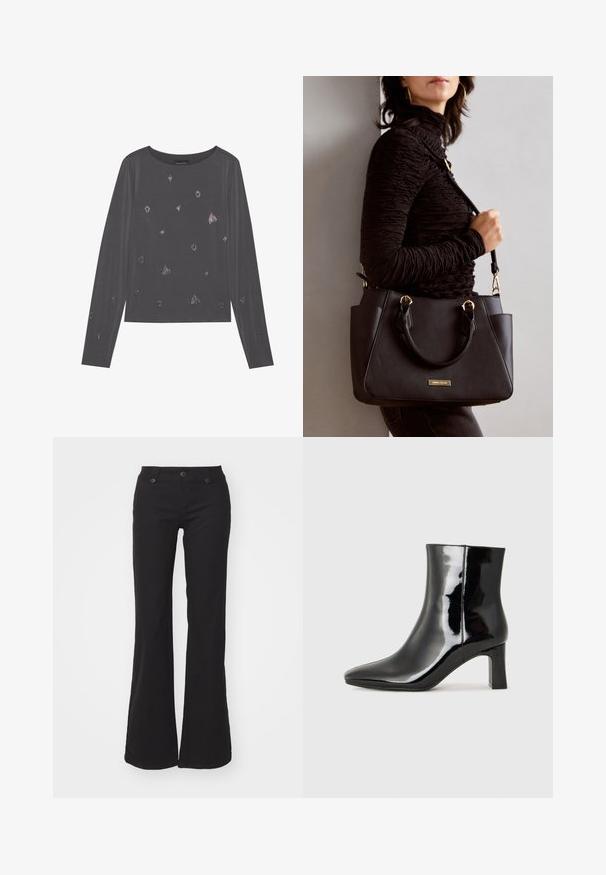 Camisola cinza de manga longa com decote redondo, apresentando detalhes metálicos dispersos e uma textura suave.; Calças pretas largas feitas de algodão, com fecho de zip e dois botões, apresentando bolsos frontais e uma textura suave. Design simples e versátil.; Botim de tornozelo em pele sintética preta com bico apontado e salto bloco de altura média. Textura suave e design minimalista.; Bolsa preta com superfície texturizada, alças superiores duplas e alça de ombro ajustável. Apresenta ferragens em tom dourado e bolsos laterais.