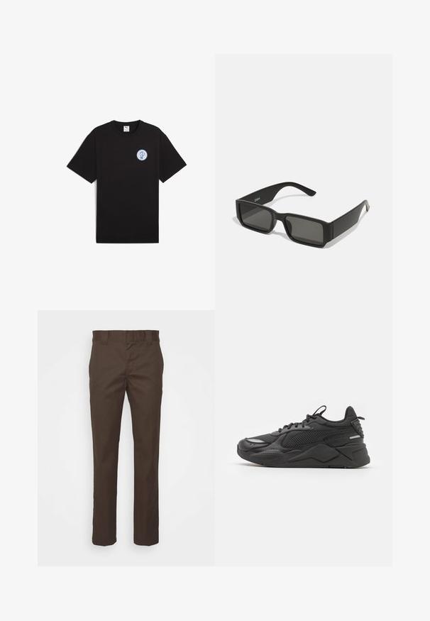 Mustmust T-särk lühikeste varrukatega, ümar kaelus ja sinine ümmargune logo vasakul rinnapiiril. Sile tekstuur ja mugav lõige.; Pruunid püksid, mis on valmistatud vastupidavast kangast, sirge sääre disainiga, standardse vöökohaga ja küljetaskutega praktilisuseks.; Mustad tennisjalanõud, millel on tekstureeritud ülemine osa ja mis koosneb võrkkangast ning sünteetilistest materjalidest, pakuvad paksu talda ja peegeldavaid elemente nähtavuse tagamiseks.; Mustad prillid ristkülikukujuliste läätsedega, matt plastikust raam ja sirged servad. Omab brändi logo sisemise varre peal.