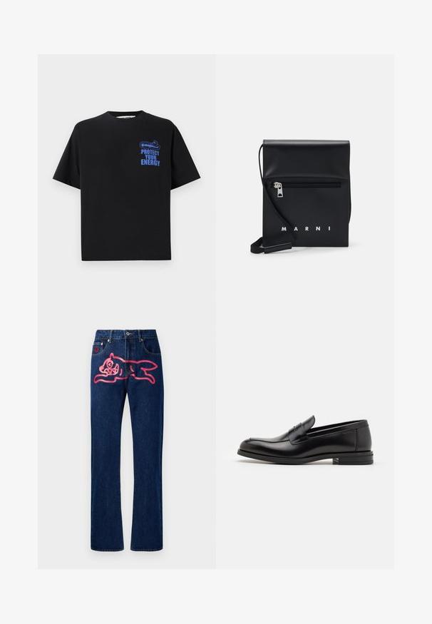 Čierne bavlnené tričko s krátkymi rukávmi, s modrým textom "OCHRÁŇTE SVOJU ENERGIU" a grafickým dizajnom na hornej ľavej strane.; Denimové jeansy s rovný strihom. Tmavomodrá farba, s veľkým designom ružovej mačky na zadnej vrecku. Klasický kovový gombík a nitky.; Čierne kožené mokasíny s hladkou textúrou, zaoblenou špičkou a dekoračným pásikom cez priehlavok. Nízky vrstvený opätok, minimalistický dizajn.; Čierna kožená kabelka cez plece s predným vreckom na zips, embosovaným logom a nastaviteľným popruhom. Hladká textúra so štruktúrovaným tvarom.