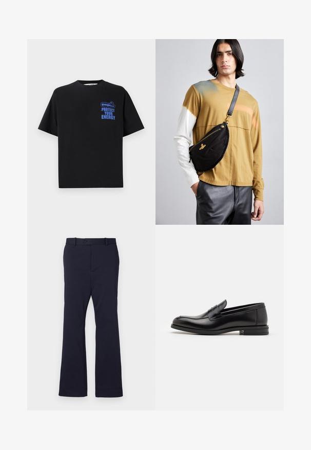 Fekete pamut póló rövid ujjakkal, kék „VÉDD MEG AZ ENERGIÁDAT” felirattal és grafikai tervezéssel a bal felső részen.; Sötétkék nadrág sima anyagból, egyenes szabással, elülső zsebekkel és egy gombbal záródik a deréknál.; Fekete bőr loaferek sima textúrával, kerek orral és dekoratív pánttal a vampnál. Alacsony, rétegelt sarkú, minimalista dizájn.; Vivienne Westwood CITY BUMBAG UNISEX - Övtáska - black